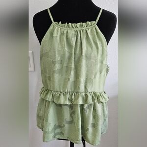 Mi Ami Sage Green Floral Peplum Tank Top Tie Back Cottagecore Size L